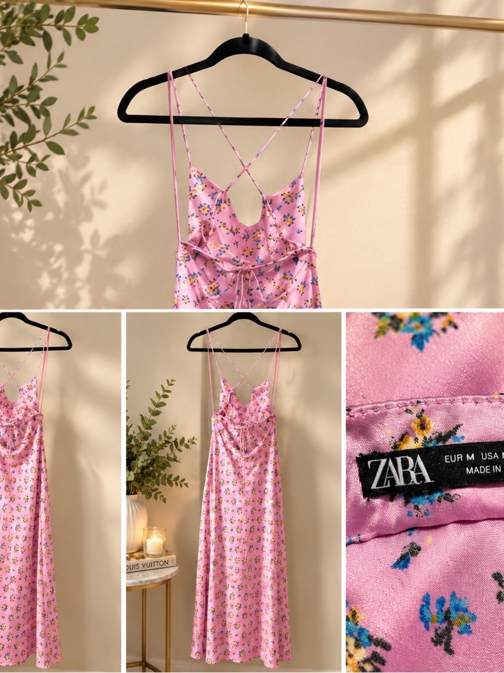 Zara Pink Floral Satin Slip Dress with Crisscross Straps